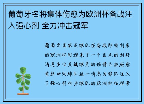葡萄牙名将集体伤愈为欧洲杯备战注入强心剂 全力冲击冠军
